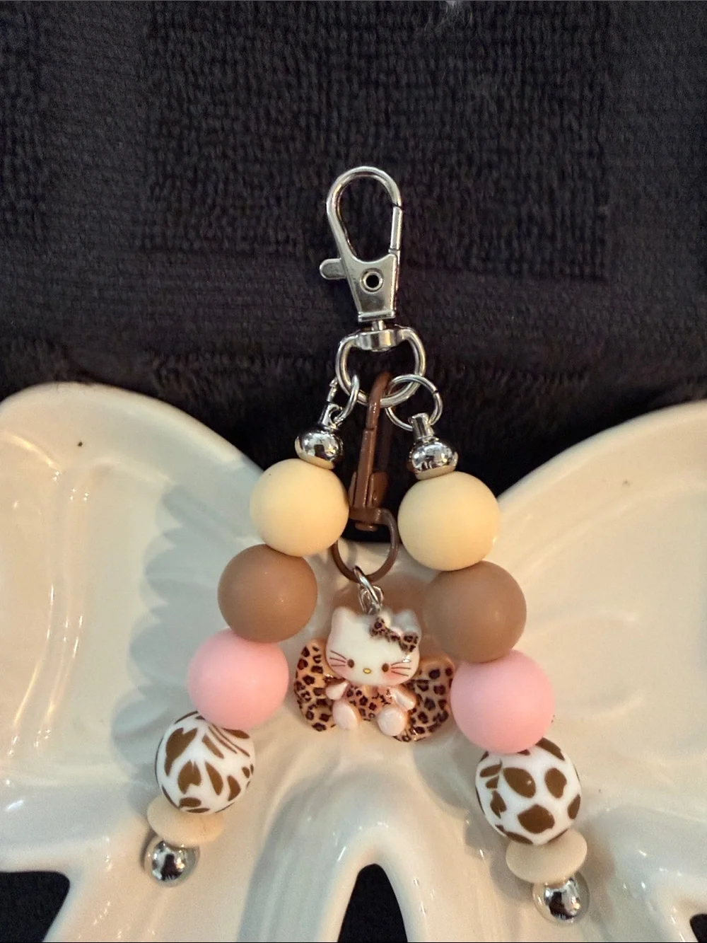 Leopard Cat Beaded Keychain for Kids - Pink & Brown